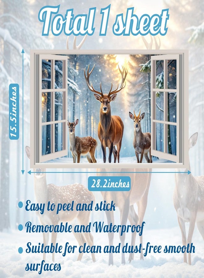 kokolap Winter Forest Wall Stickers 3D Fake Window Wall Decal Nature Landscape Faux Windows Wall Sticker Decor Peel and Stick Sunshine Snow Deer Wall Art Murals for Living Room Kitchen Office Home Decoration - Image 4