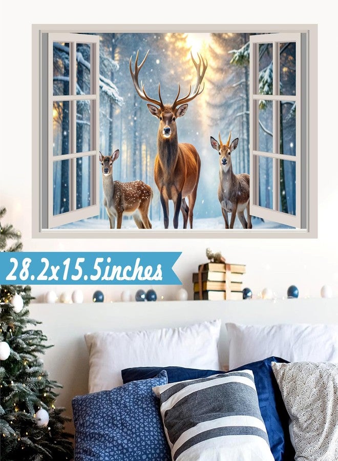 kokolap Winter Forest Wall Stickers 3D Fake Window Wall Decal Nature Landscape Faux Windows Wall Sticker Decor Peel and Stick Sunshine Snow Deer Wall Art Murals for Living Room Kitchen Office Home Decoration - Image 5