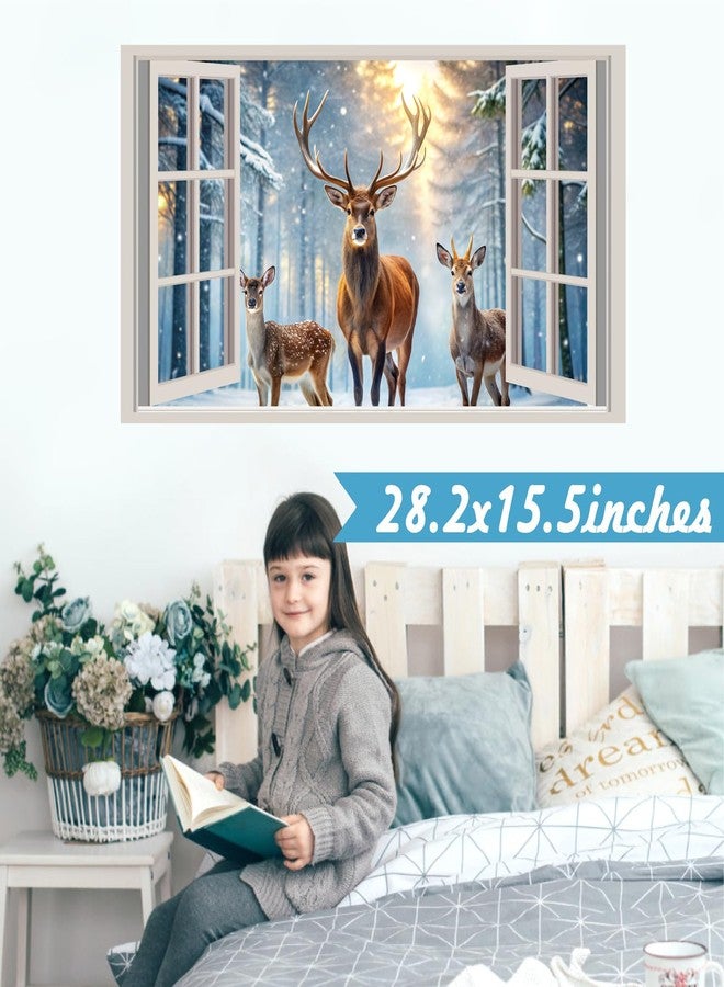 kokolap Winter Forest Wall Stickers 3D Fake Window Wall Decal Nature Landscape Faux Windows Wall Sticker Decor Peel and Stick Sunshine Snow Deer Wall Art Murals for Living Room Kitchen Office Home Decoration - Image 2