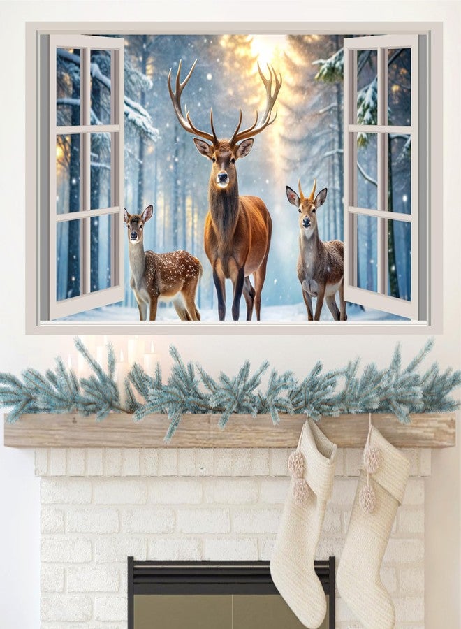 kokolap Winter Forest Wall Stickers 3D Fake Window Wall Decal Nature Landscape Faux Windows Wall Sticker Decor Peel and Stick Sunshine Snow Deer Wall Art Murals for Living Room Kitchen Office Home Decoration - Image 1