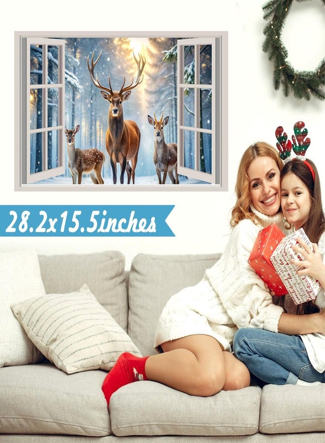 kokolap Winter Forest Wall Stickers 3D Fake Window Wall Decal Nature Landscape Faux Windows Wall Sticker Decor Peel and Stick Sunshine Snow Deer Wall Art Murals for Living Room Kitchen Office Home Decoration - Image 3