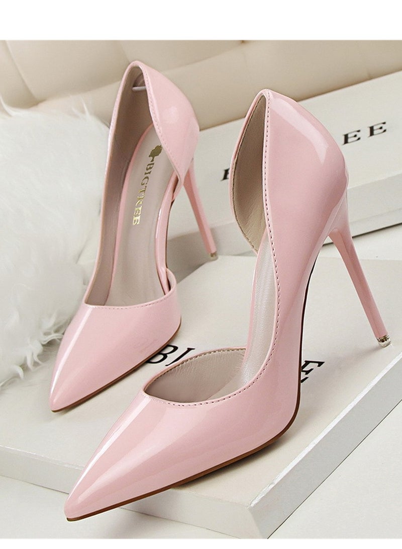 BIGTREE Fashion Simple Slim Patent Leather Shallow Mouth Pointy Hollowed Out Slim Heels  A Pink - Image 1