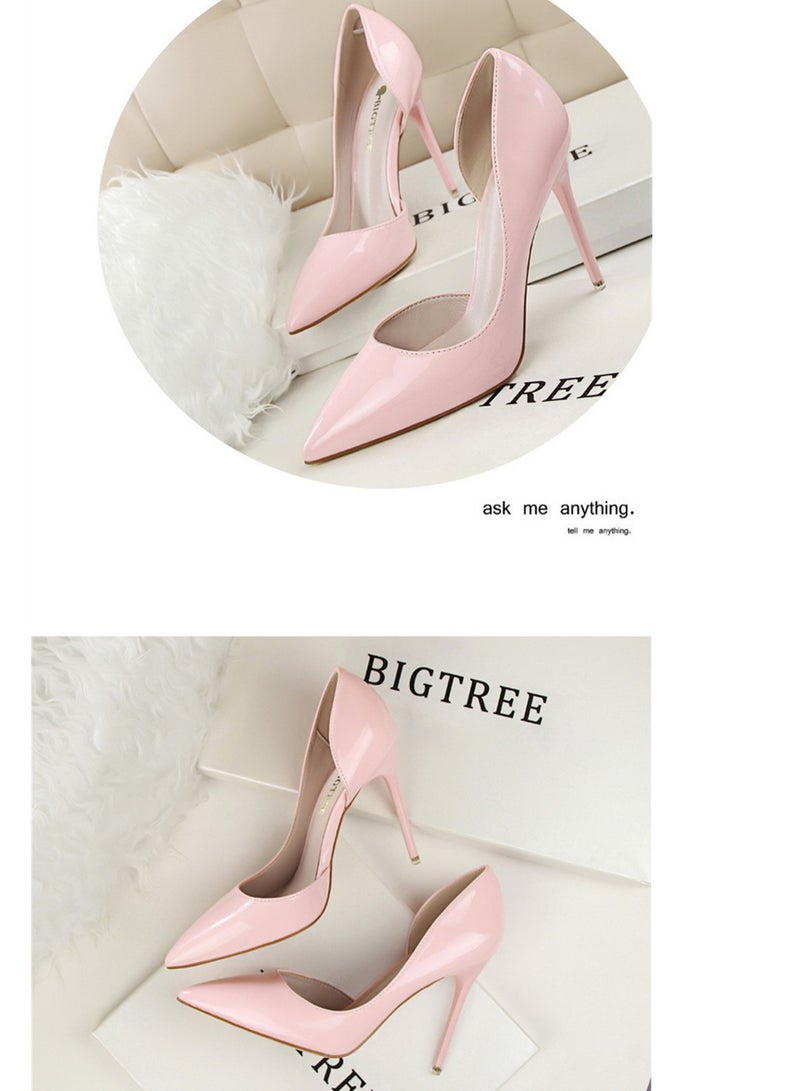 BIGTREE Fashion Simple Slim Patent Leather Shallow Mouth Pointy Hollowed Out Slim Heels  A Pink - Image 2