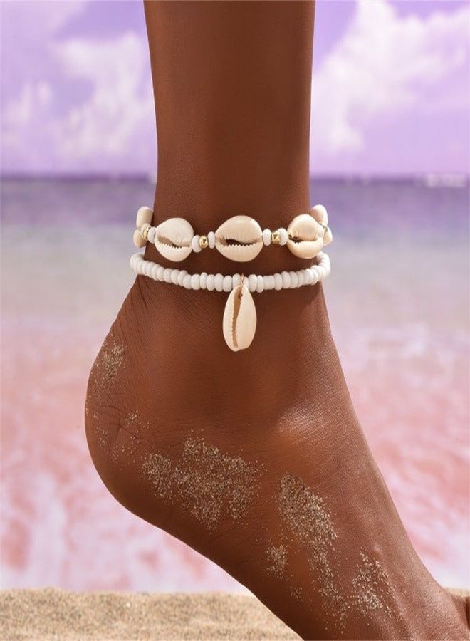 Bohemian style layered shell ankle chain for girls, high-end feeling, summer beach, rice bead shell ankle chain  - Image 1