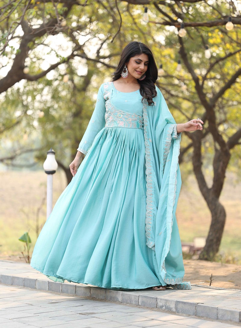 Super Asian "Luxury Chinnon Ensemble: Hand-Embroidered Gown & Dupatta Set"  - Image 1