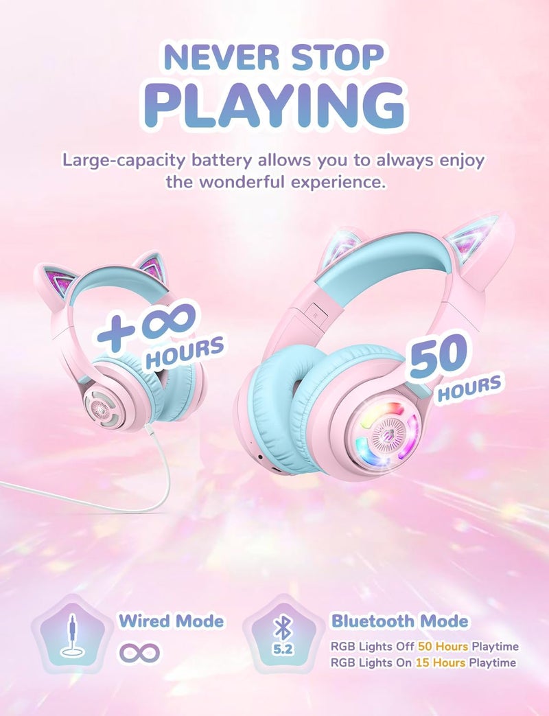 iClever All preference matching build Children's Bluetooth Headphones, Cat Ear Headphones for Girls, Adjustable Volume Control 74/85/94dB with Microphone for School/Tablet/Phone/PC Moisture wear upgraded quality - Image 4