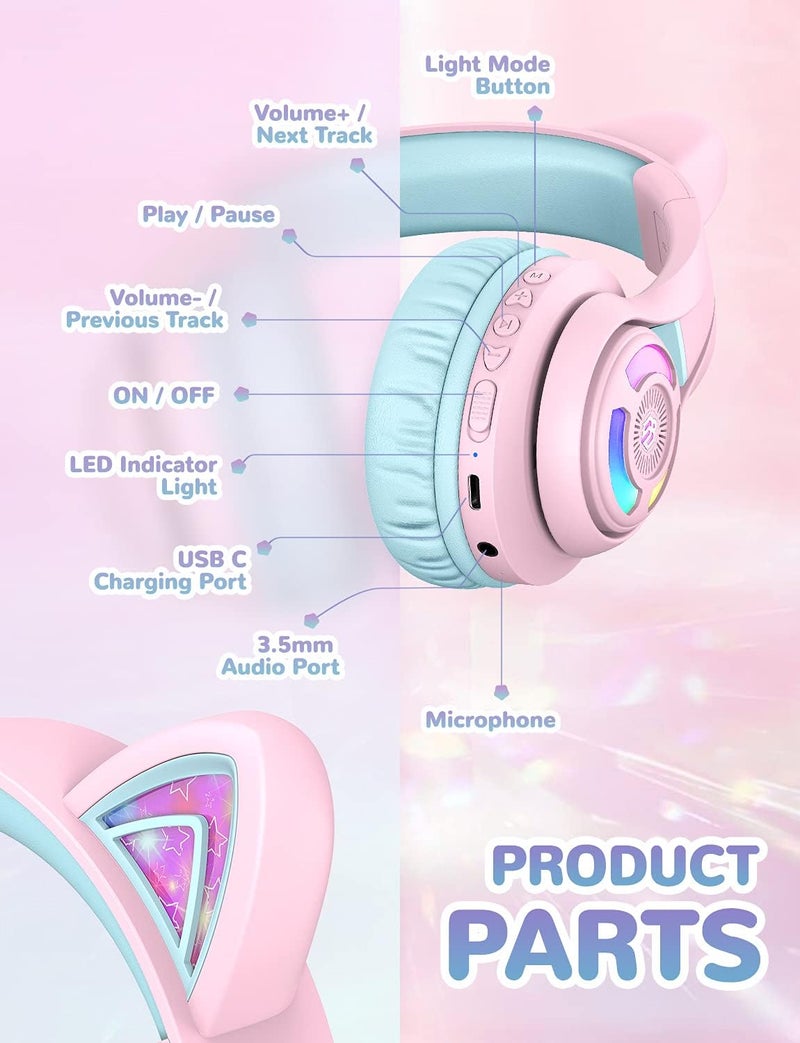 iClever All preference matching build Children's Bluetooth Headphones, Cat Ear Headphones for Girls, Adjustable Volume Control 74/85/94dB with Microphone for School/Tablet/Phone/PC Moisture wear upgraded quality - Image 5