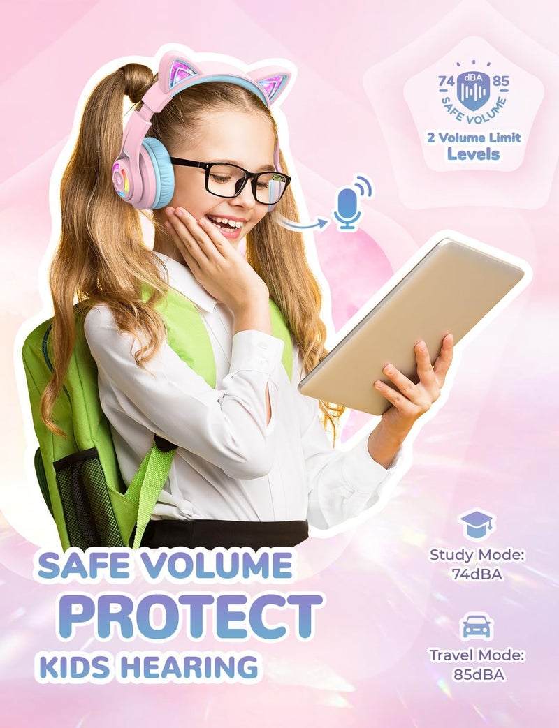 iClever All preference matching build Children's Bluetooth Headphones, Cat Ear Headphones for Girls, Adjustable Volume Control 74/85/94dB with Microphone for School/Tablet/Phone/PC Moisture wear upgraded quality - Image 3
