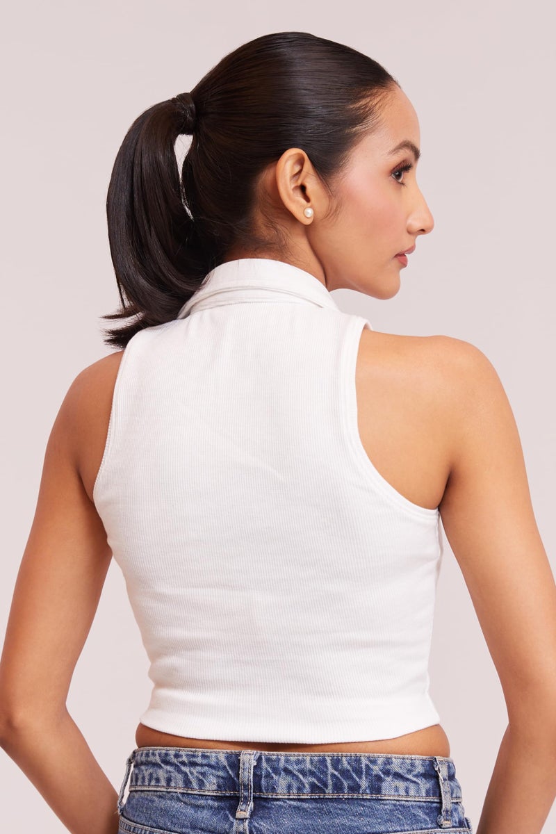Berry&Bird BERRY BIRD® Stylish Sleeveless V-Neck Slim Fit Collar Ribbed Knit Tank Crop Tops for Women & Girls Beach and Gym Wear and Western Trendy Fashion White - Image 2