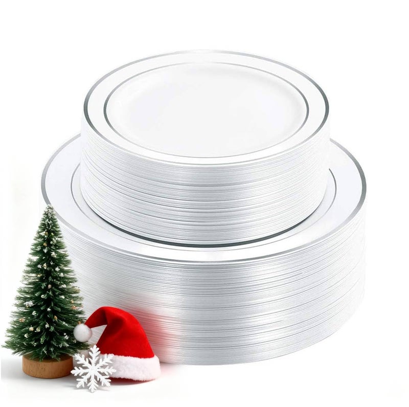 WDF 120PCS Plastic Christmas Plates White Silver Rim - Disposable Plates including 60PCS for Dinner 10.25inch, 60 Salad/Dessert Plates 7.5inch Heavy Duty Wedding - Image 1