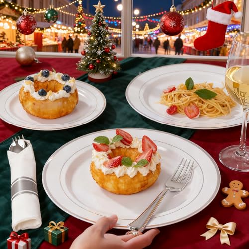 WDF 120PCS Plastic Christmas Plates White Silver Rim - Disposable Plates including 60PCS for Dinner 10.25inch, 60 Salad/Dessert Plates 7.5inch Heavy Duty Wedding - Image 4
