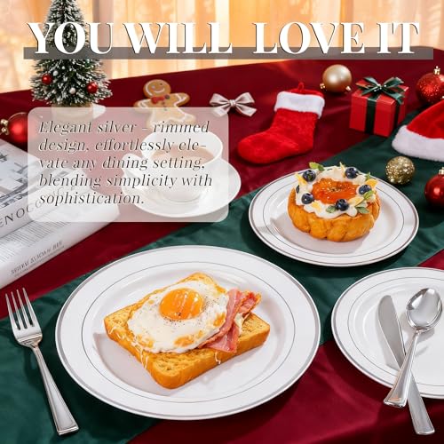 WDF 120PCS Plastic Christmas Plates White Silver Rim - Disposable Plates including 60PCS for Dinner 10.25inch, 60 Salad/Dessert Plates 7.5inch Heavy Duty Wedding - Image 3