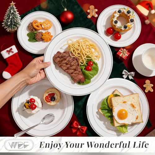 WDF 120PCS Plastic Christmas Plates White Silver Rim - Disposable Plates including 60PCS for Dinner 10.25inch, 60 Salad/Dessert Plates 7.5inch Heavy Duty Wedding - Image 2
