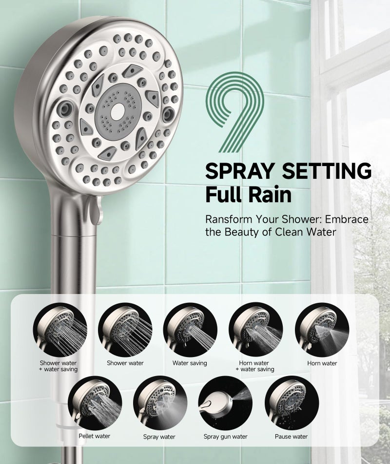 SunCleanse Filtered Shower Head with Handheld, 9-Spray Mode High Pressure Detachable Shower Head with Filters for Hard Water - Remove Chlorine Brushed - Image 2