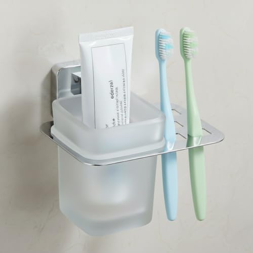 KANJAL Premium Stainless Steel Wall Mounted Toothbrush Holder with Frosted Glass Tumbler | Bathroom Toothpaste & Brush Stand | Rustproof, Adhesive Mount | Modern Bathroom Accessories for Home & Hotel - Image 1