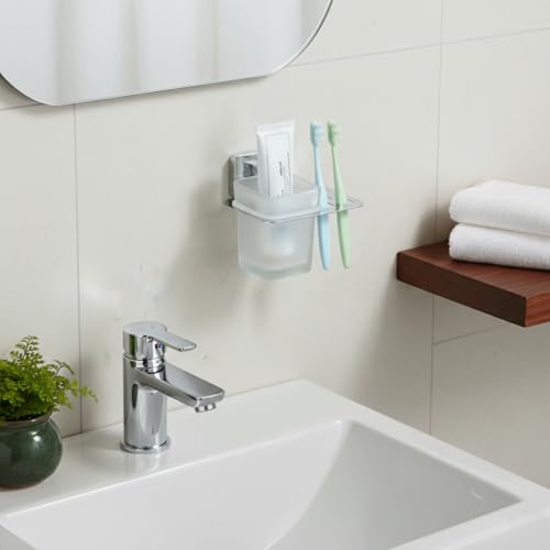 KANJAL Premium Stainless Steel Wall Mounted Toothbrush Holder with Frosted Glass Tumbler | Bathroom Toothpaste & Brush Stand | Rustproof, Adhesive Mount | Modern Bathroom Accessories for Home & Hotel - Image 3