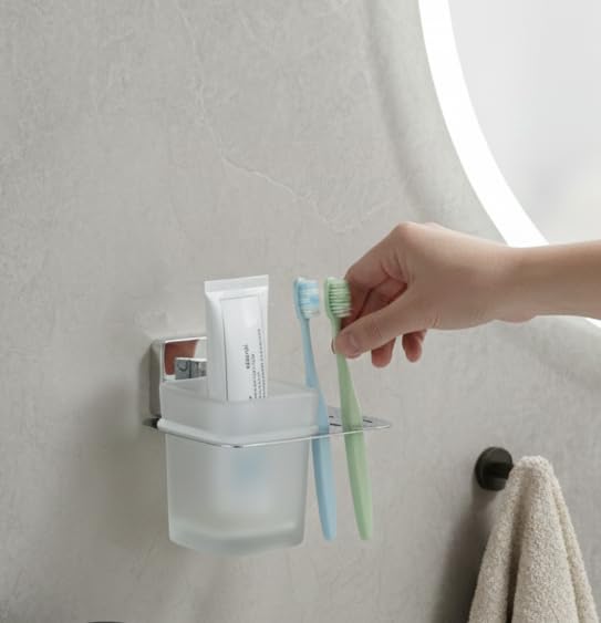 KANJAL Premium Stainless Steel Wall Mounted Toothbrush Holder with Frosted Glass Tumbler | Bathroom Toothpaste & Brush Stand | Rustproof, Adhesive Mount | Modern Bathroom Accessories for Home & Hotel - Image 5