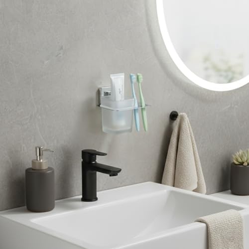 KANJAL Premium Stainless Steel Wall Mounted Toothbrush Holder with Frosted Glass Tumbler | Bathroom Toothpaste & Brush Stand | Rustproof, Adhesive Mount | Modern Bathroom Accessories for Home & Hotel - Image 4