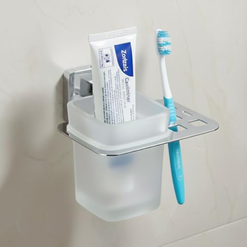 KANJAL Premium Stainless Steel Wall Mounted Toothbrush Holder with Frosted Glass Tumbler | Bathroom Toothpaste & Brush Stand | Rustproof, Adhesive Mount | Modern Bathroom Accessories for Home & Hotel - Image 2