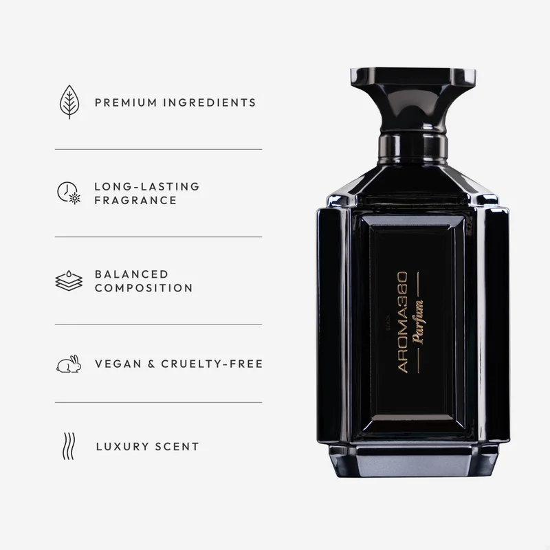 أروما 360  عطر بلاك للجنسين - برغموت، سيج، زهرة التياري، زعفران وطحالب - خالي من منتجات الحيوان - سعة 200 مل
