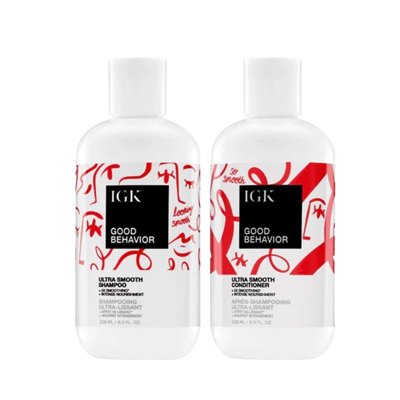 IGK GOOD BEHAVIOR Ultra Smooth Shampoo and Conditioner Set (8 Oz) + Bonus Travel Size Packettes | Volume + Thickening | Vegan + Cruelty-Free | - Image 1