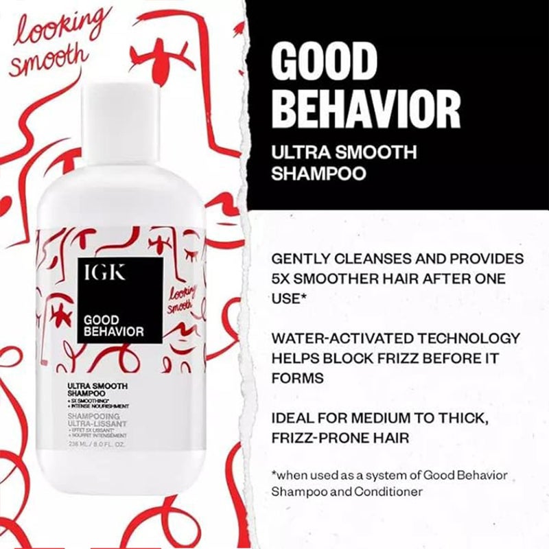 IGK GOOD BEHAVIOR Ultra Smooth Shampoo and Conditioner Set (8 Oz) + Bonus Travel Size Packettes | Volume + Thickening | Vegan + Cruelty-Free | - Image 5