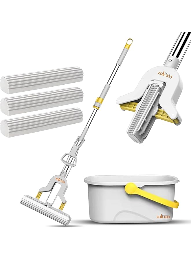 Zalcoon PVA Sponge Mop with Bucket, 3 Extra Ultra Absorbent PVA Sponge Refill, Household Cleaning Tool for Kitchen, Tiles, Multi-Surface Hard Floors - Image 1
