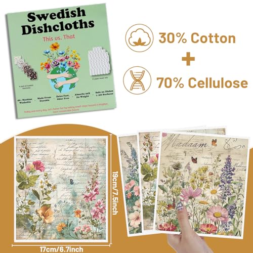 InIsaJace Floral Swedish Dishcloths for Kitchen, 6PCS Vintage Flower Swedish Dish Cloths Gift Set, Reusable Absorbent Cellulose Sponge Dish Towel for Home Cleaning(7.8 X 7 Inches) - Image 2