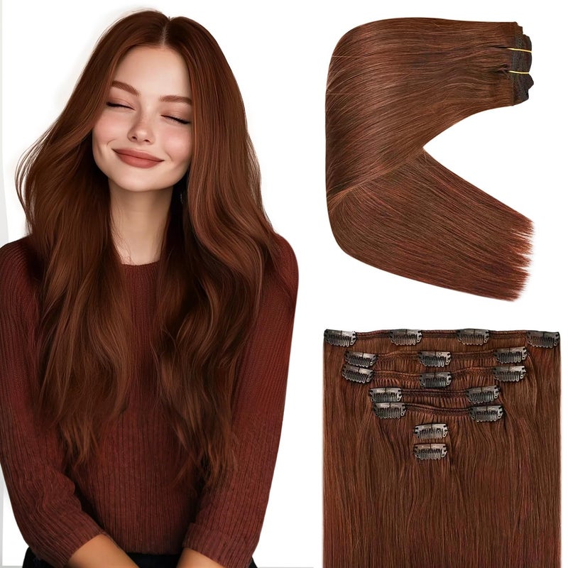 Ve Sunny Human Hair Clip in Extensions Auburn Clip in Hair Extensions Real Human Hair Dark Auburn Hair Extensions Clip ins Short Clip in Hair Extensions for Women 7pcs 100g 14inch