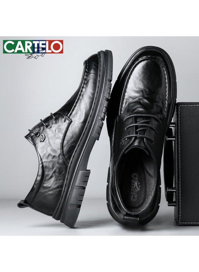 كارتيلو Cartelo British Men's Leather Shoes, Breathable Business Formal Shoes, Hand-scratched Pattern, Low-top Thick-soled Leather Shoes For Men, 9905 Black, Size 41 - Image 5