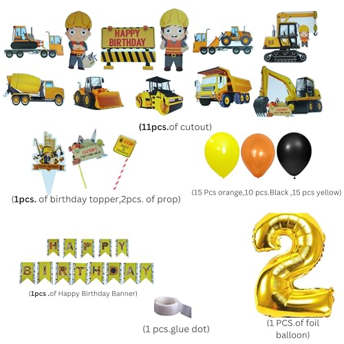 FI - FLICK IN 57 pcs Construction Theme Happy Birthday Decoration for Kids JCB Decorations Item for 2nd Birthday Party with Vehicle Truck Cutout , Banner Balloons (Pack of 57 , Multicolor) - Image 2