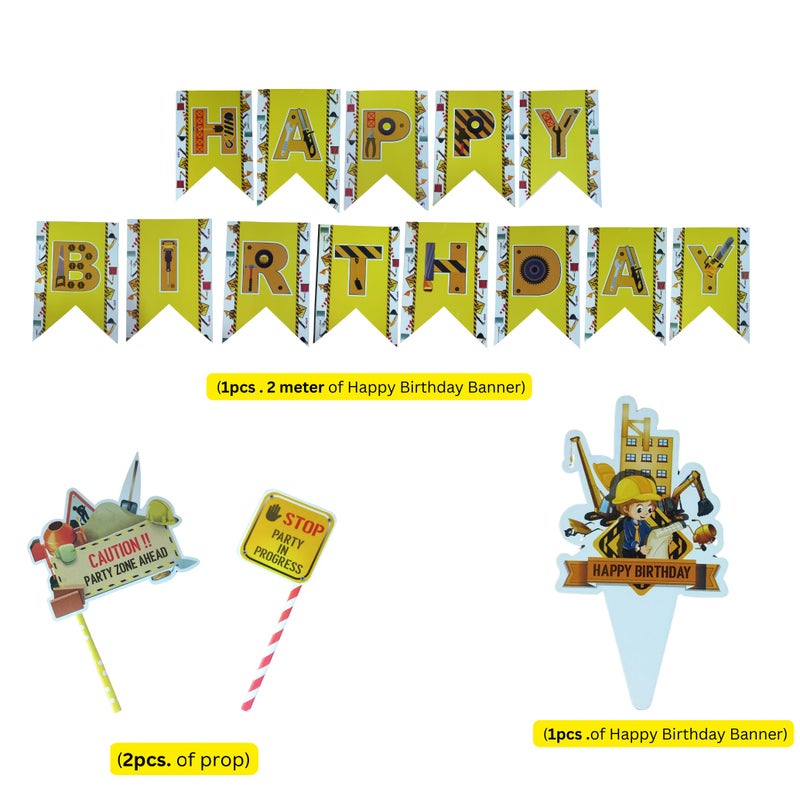 FI - FLICK IN 57 pcs Construction Theme Happy Birthday Decoration for Kids JCB Decorations Item for 2nd Birthday Party with Vehicle Truck Cutout , Banner Balloons (Pack of 57 , Multicolor) - Image 3