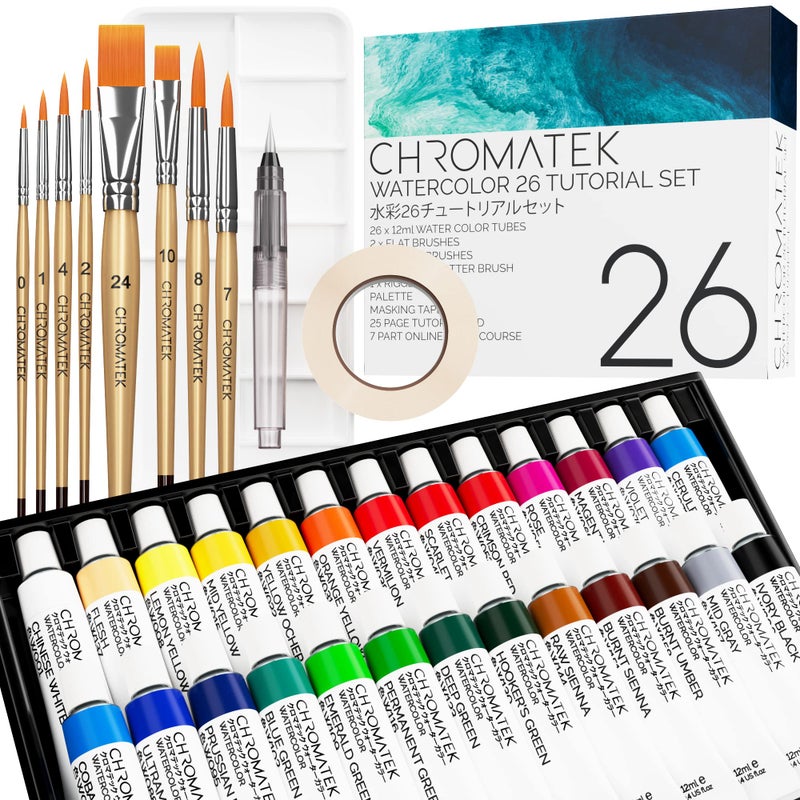 CHROMATEK Watercolor Paint Set  62 Piece Kit  Video Tutorial Course  For Adults Beginner  Professional Artists  26 Tubes 12ml Sketch Pad 8 Painting Brushes Aquapen Palette Masking Tape