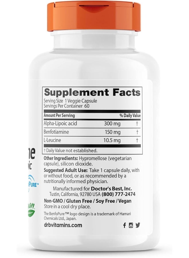 Doctor's Best Benfotiamine 150 + Alpha-Lipoic Acid 300, Non-GMO, Vegan, Gluten Free, Promotes Healthy Blood Sugar, 60 Veggie Caps - Image 3