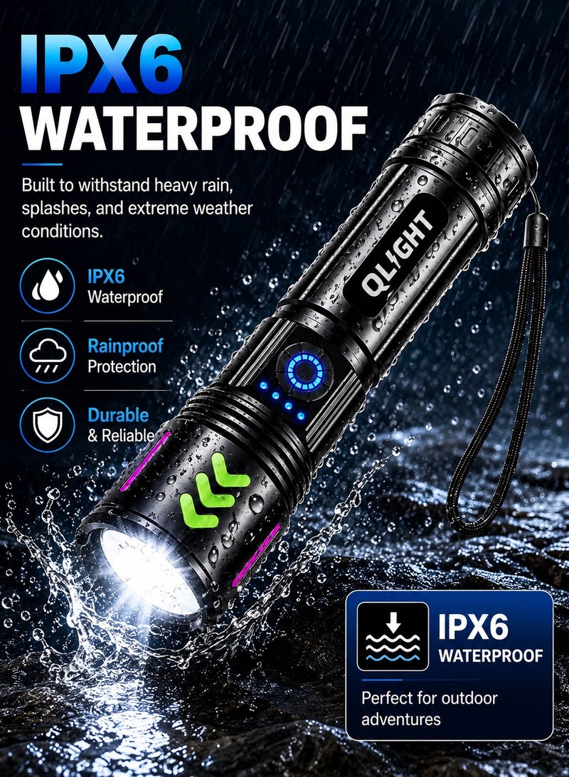 QLIGHT Led Rechargeable Flashlight,100000 High Lumens Tectical Handled Super Bright Flashlights, 3 Modes,Waterproof,Zoom Adjustable,Long Lasting Torch light For camping Hiking And Emergencies. - Image 5