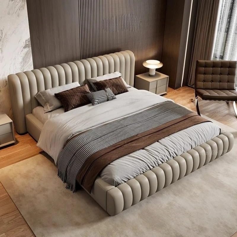Poppins HOME Luxury Velvet Upholstered Bed Frame with Vertical Channel Headboard - Modern Designer Bed in Beige Brown (160x200cm)