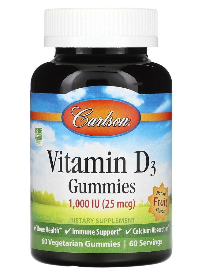 Carlson Vitamin D3 Gummies Natural Fruit Flavors 25 mcg (1000 IU) 60 Gummies - Image 1
