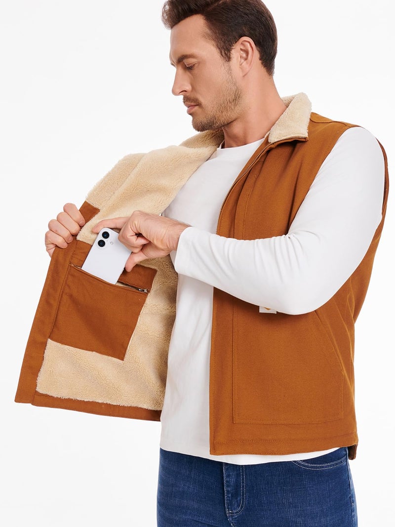 CARWORNIC Waterproof Washed Duck Vest Loose Fit Winter Sherpa Lined Outerwear Vest Mock-Neck Warm Fleece Lined Utility Work Vest Cotton Canvas Insulated Workwear Sleeveless Jacket - Image 4