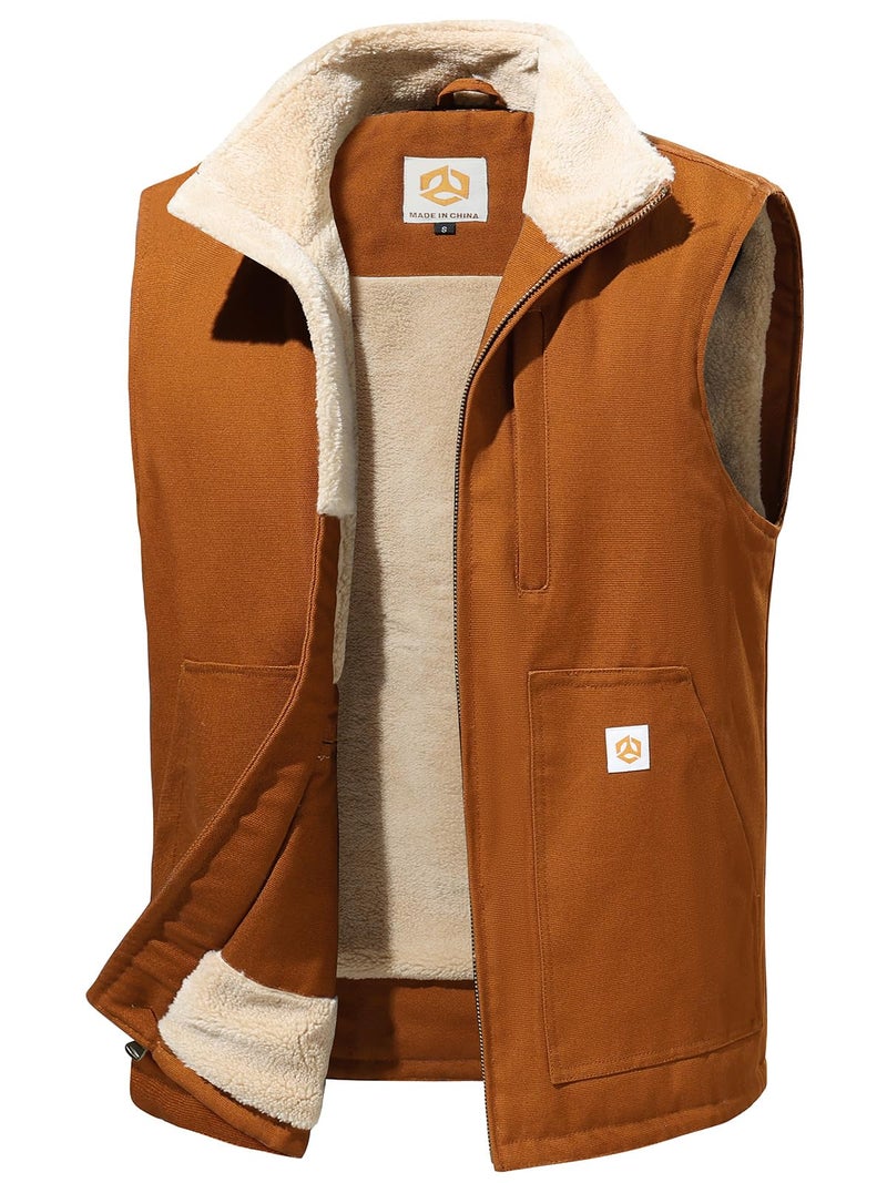 CARWORNIC Waterproof Washed Duck Vest Loose Fit Winter Sherpa Lined Outerwear Vest Mock-Neck Warm Fleece Lined Utility Work Vest Cotton Canvas Insulated Workwear Sleeveless Jacket - Image 1