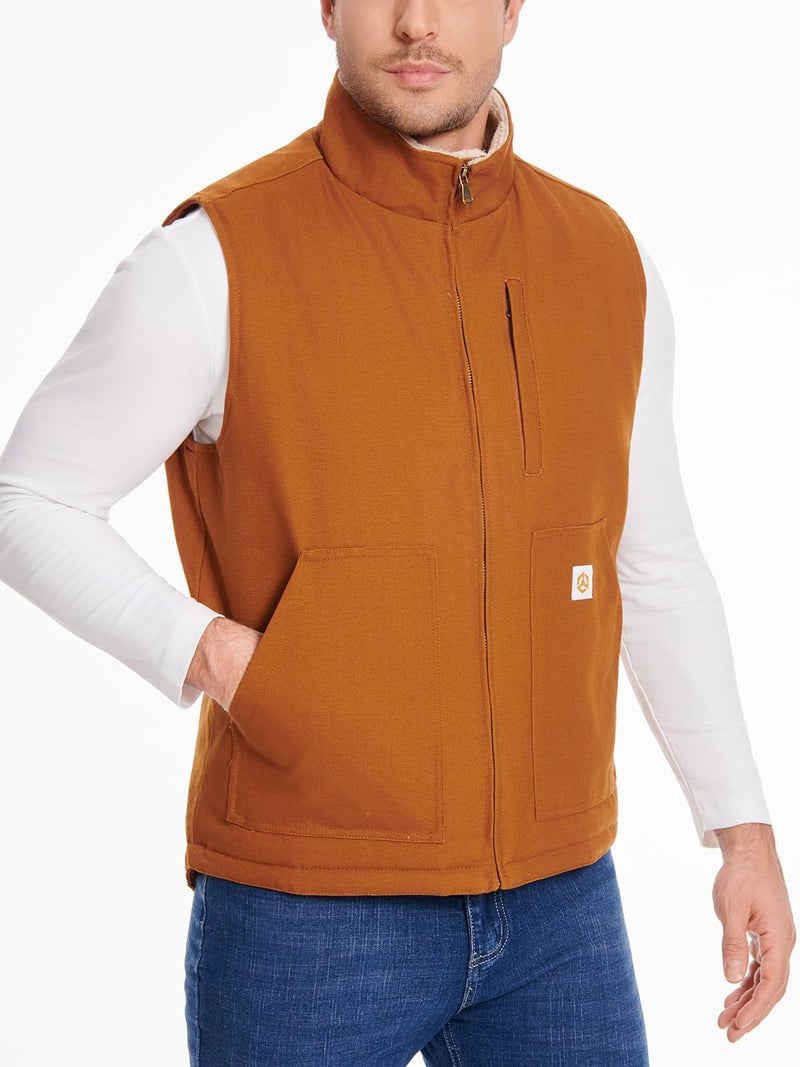 CARWORNIC Waterproof Washed Duck Vest Loose Fit Winter Sherpa Lined Outerwear Vest Mock-Neck Warm Fleece Lined Utility Work Vest Cotton Canvas Insulated Workwear Sleeveless Jacket - Image 2