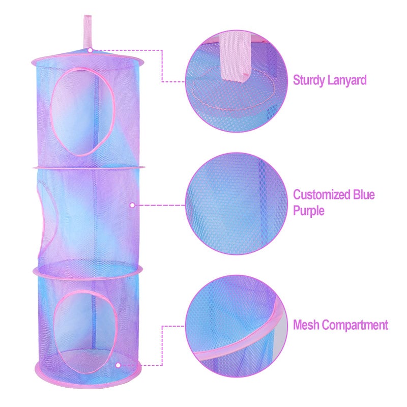 Basumee Stuffed Animals Net or Hammock 2 Pcs Stuffed Animals Storage Toy Net Hammock for Plushies Storage Organizer Mesh Kids Girls Room Decor, Blue and Purple, 3 Tiers - Image 3