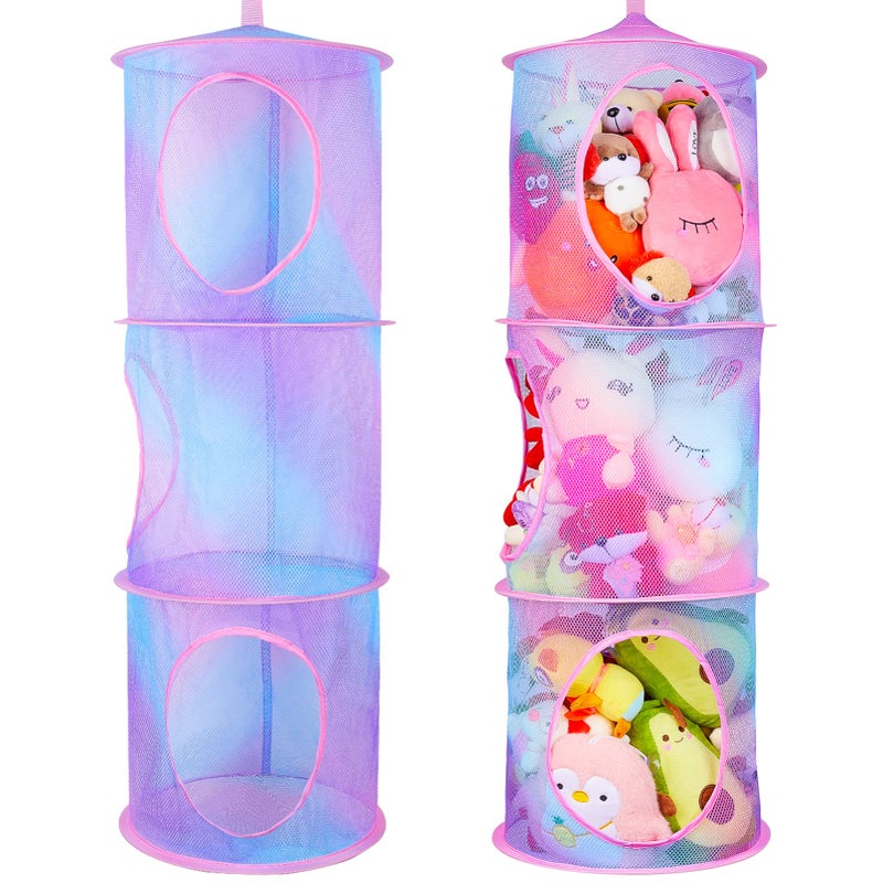 Basumee Stuffed Animals Net or Hammock 2 Pcs Stuffed Animals Storage Toy Net Hammock for Plushies Storage Organizer Mesh Kids Girls Room Decor, Blue and Purple, 3 Tiers - Image 1