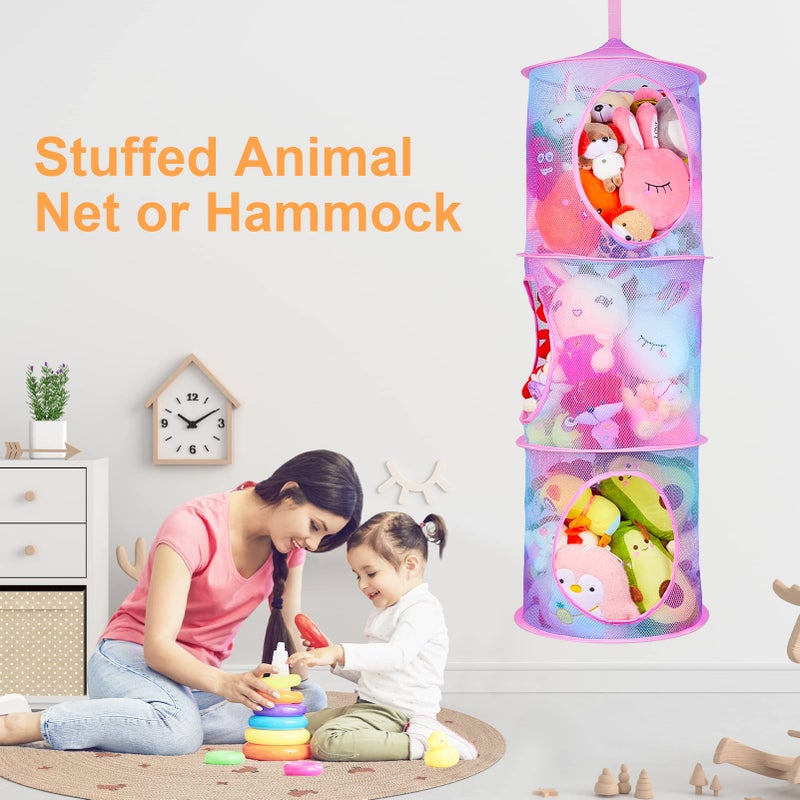 Basumee Stuffed Animals Net or Hammock 2 Pcs Stuffed Animals Storage Toy Net Hammock for Plushies Storage Organizer Mesh Kids Girls Room Decor, Blue and Purple, 3 Tiers - Image 2