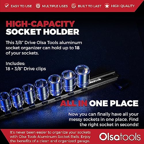Olsa Tools Socket Organizer - 3/8-Inch Drive Black Holder - Stores 18 Chrome or Impact Sockets - Durable Rail Storage for Mechanics - Professional Grade Metric or SAE Socket Organizer - Part 1021 - Image 2