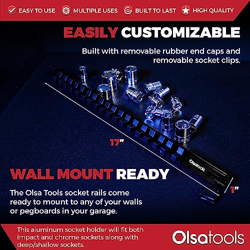 Olsa Tools Socket Organizer - 3/8-Inch Drive Black Holder - Stores 18 Chrome or Impact Sockets - Durable Rail Storage for Mechanics - Professional Grade Metric or SAE Socket Organizer - Part 1021 - Image 3