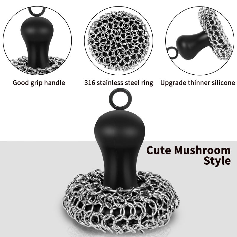 Herda Cast Iron Cleaner Scrubber with Pan Scraper, Upgraded Chain Mail Scrubber Cast Iron Cleaning Kit, Metal Chainmail Scrubbing Sponge Scrub Brush to Clean Pan, Skillet, Grill, Dutch Oven, Wok - Image 2
