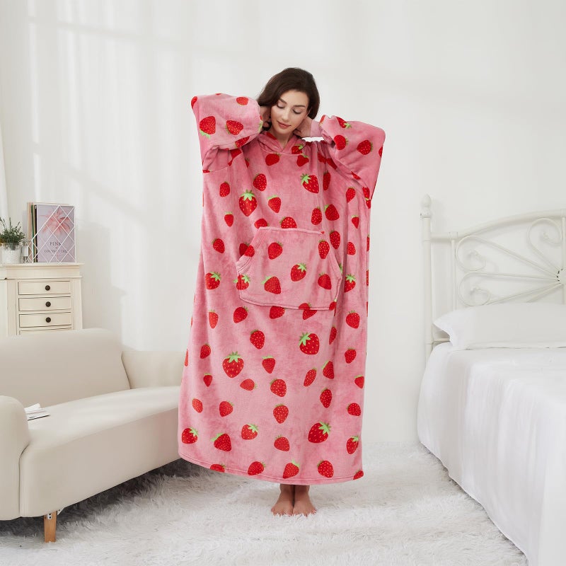 Capecage Blanket Hoodie, Long Hooded Blanket Sweatshirt as Birthday Gifts for Women Men, Long Wearable Blanket for Men Women (Strawberry) - Image 2