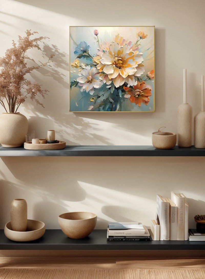 فن معلق على الحائط باستخدام إطار ألومنيوم ذهبي مع نمط زهري، عرض 30x30 سم، فن معلق مريح للغرف المعيشية، المنزل والمكاتب - Image 4