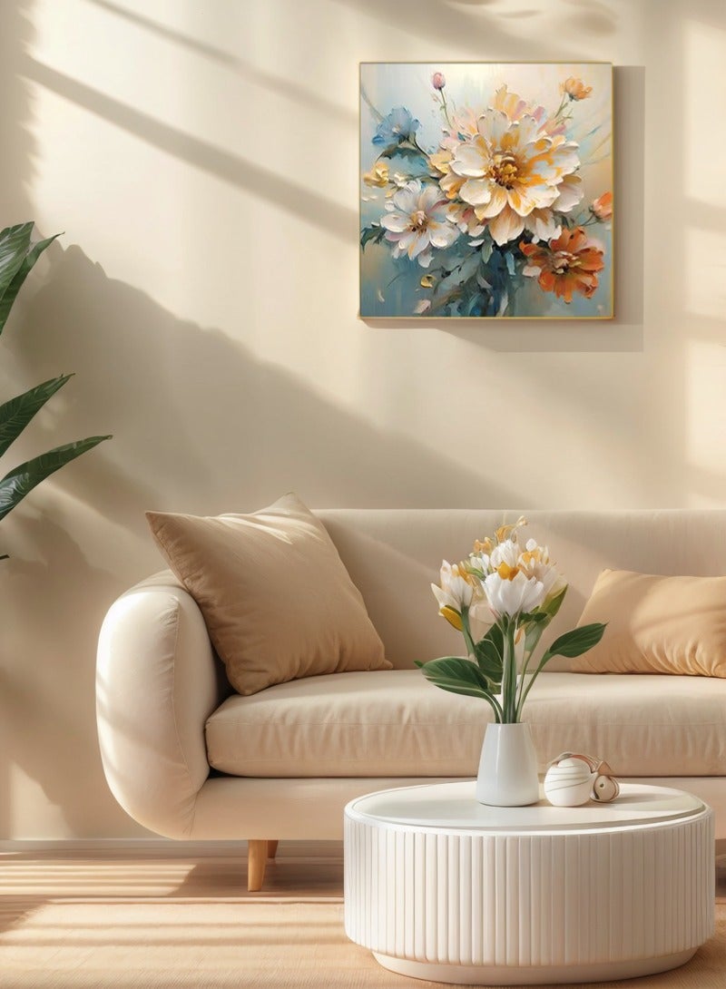 فن معلق على الحائط باستخدام إطار ألومنيوم ذهبي مع نمط زهري، عرض 30x30 سم، فن معلق مريح للغرف المعيشية، المنزل والمكاتب - Image 2