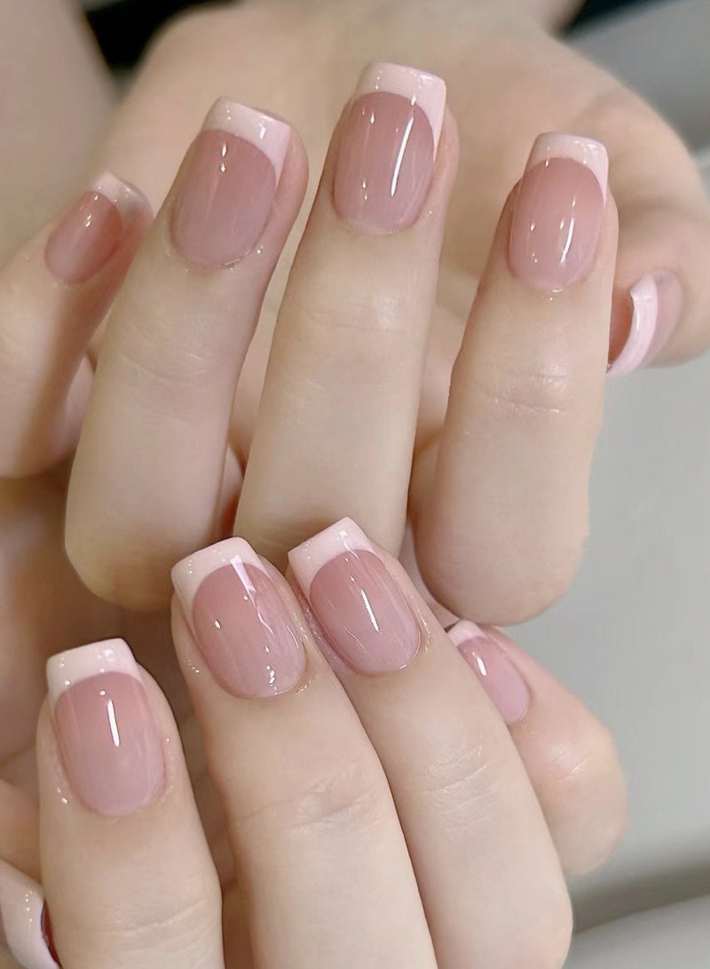 kaixin French Tip Press On Nails Nude Pink Glossy Square Fake Nails Short Acrylic Artificial Nails with Adhesive Tabs Reusable Full Cover Stick On Nails for Women Girls - Image 1
